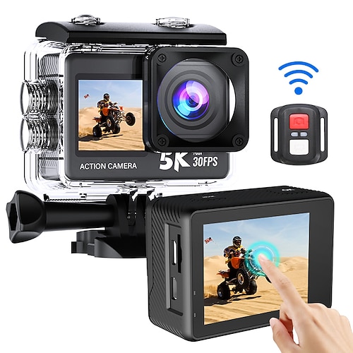 5K-Actionkamera mit Dual-Touchscreen, 30 fps Ultra-HD-WLAN-Wasserschutzkamera, Unterwasser-Vlog-Kamera mit Fernbedienung, eisstabilisierte Helmkamera für Tauchen, Skifahren, Radfahren und Reisen