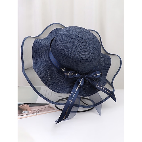 Cappello da sole bohémien da donna in paglia, cappello da spiaggia morbido, pieghevole, multicolore, con tesa larga, bordo ondulato e fiocco, ideale per vacanze, viaggi, stile resort e abbigliamento