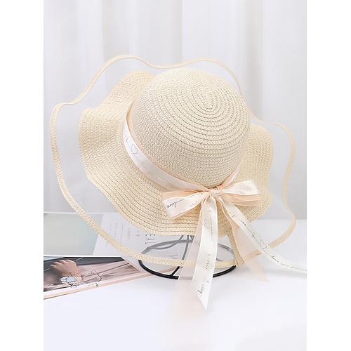 Cappello da sole bohémien da donna in paglia, cappello da spiaggia morbido, pieghevole, multicolore, con tesa larga, bordo ondulato e fiocco, ideale per vacanze, viaggi, stile resort e abbigliamento