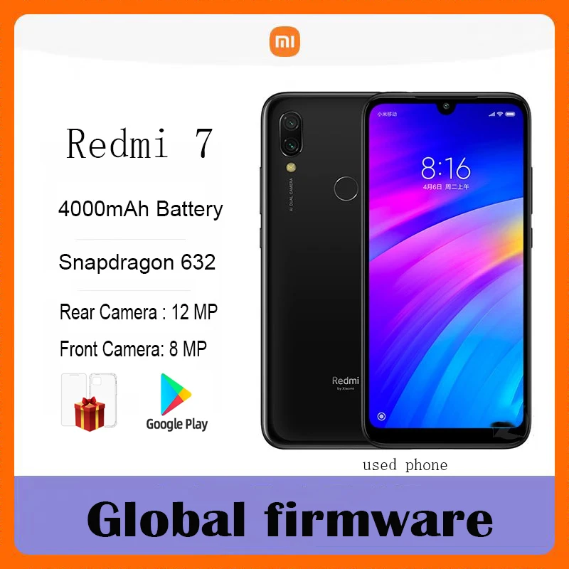 Global Firmware Xiaomi Redmi 7 Smartphone 4000 Amh 6.26 Inch 10W Charger Dual Camera Dual SIM Solt Cellphone Android Used Phone