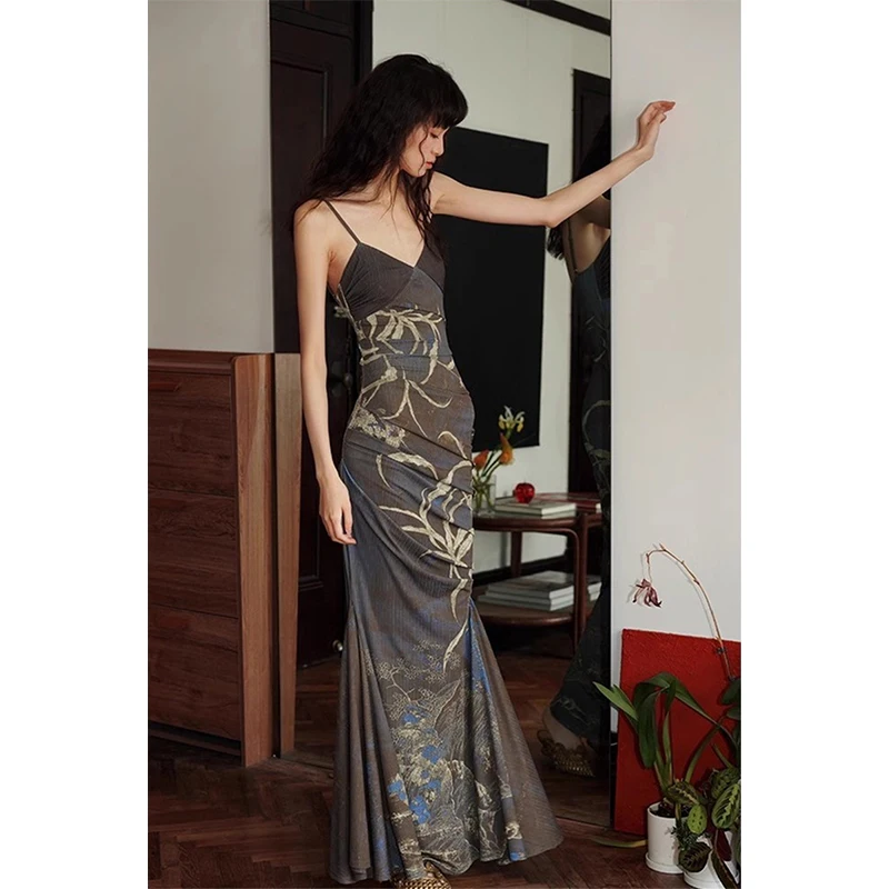 Abito Lungo Vintage con Stampa per Donne, Stile Y2K Harajuku, Sexy con Spalline Sottili, Vestito Maxi Elegante da Festa con Scollo a V, Abito Aderente Estivo