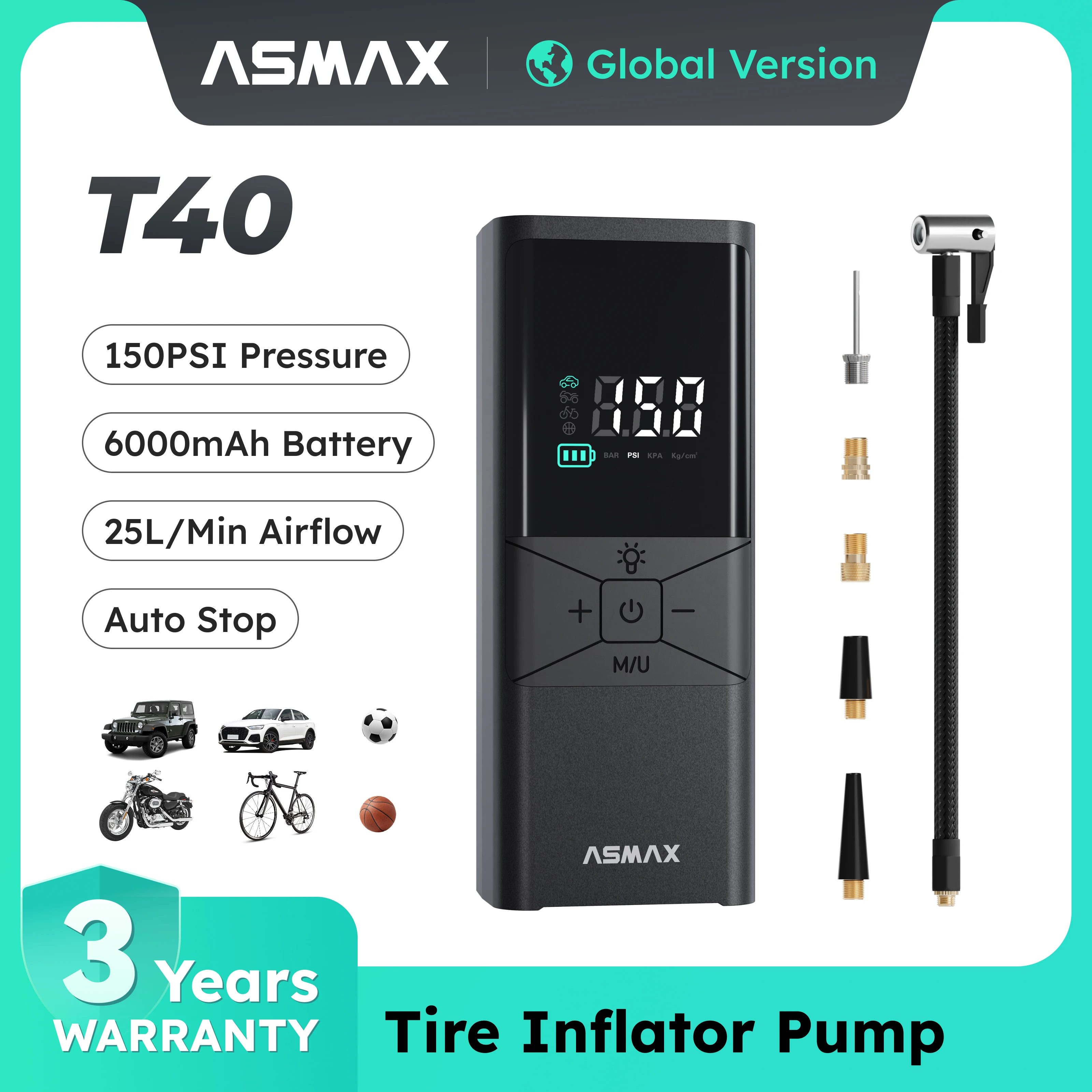 ASMAX T40 Compressore d’aria elettrico portatile 150 PSI, gonfiatore pneumatici wireless, mini pompa con display digitale, spegnimento automatico, gonfiaggio rapido