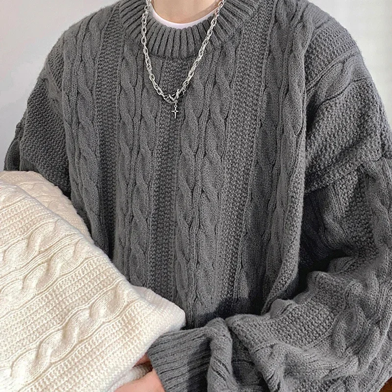 TFETTERS Marke Grau Geflecht Pullover für Herren Klassiker O Neck Japan Mode Gestrickte Pullover Männlich 2025, Neue Winter Casual Kleidung