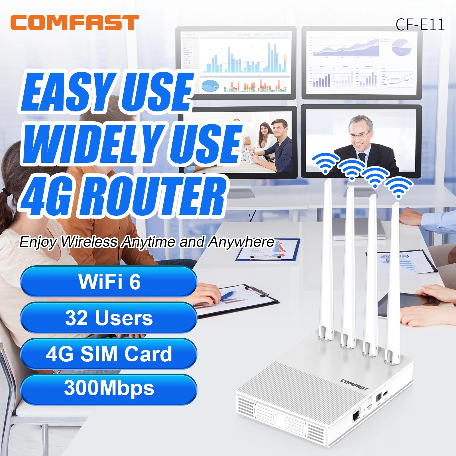 Comfast Mini 4G LTE Router WiFi6 300 Mbit/s Wireless Router Modem Typ-C/DC Power 4 Antennen SIM Karte Hotspot Router EU Stecker Image