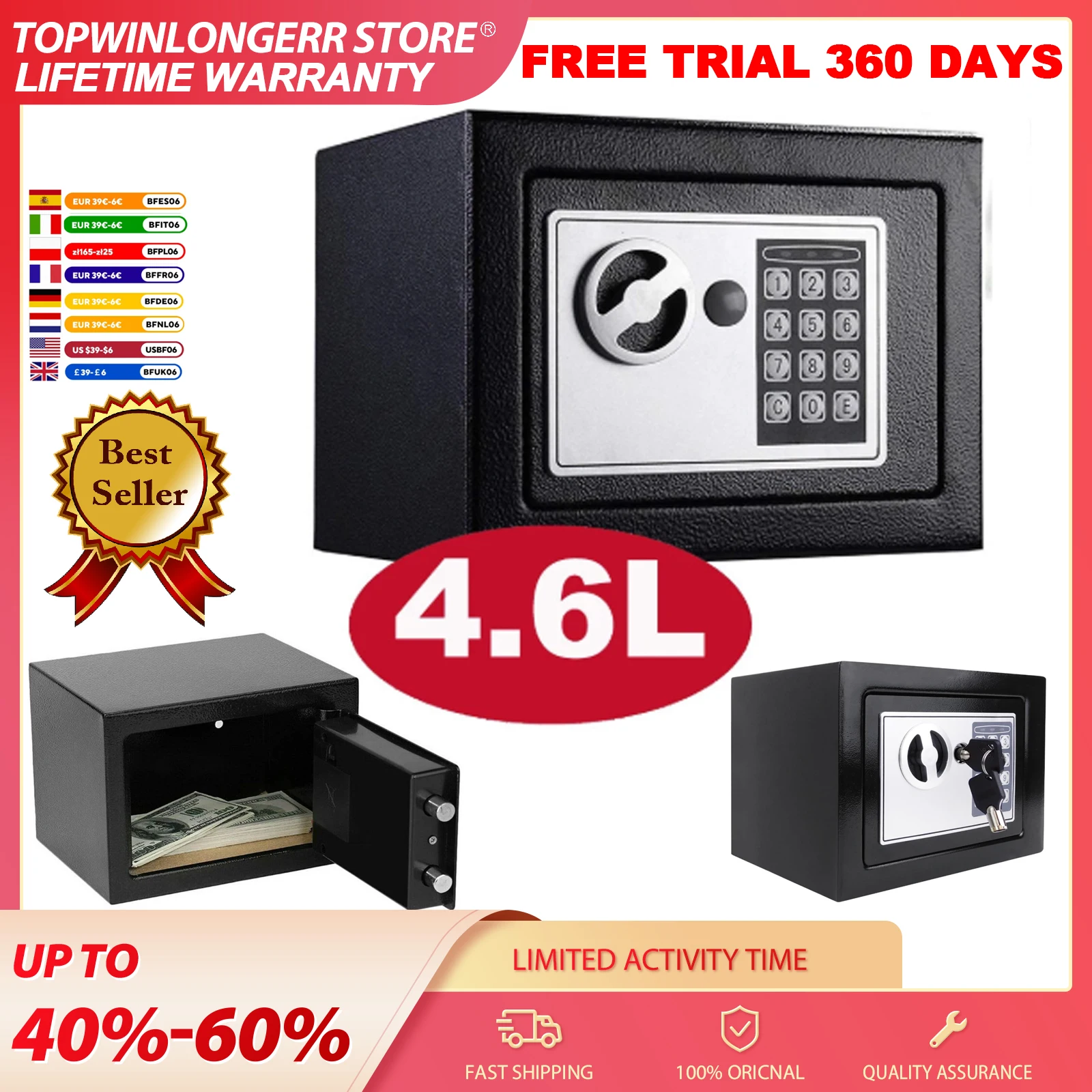 Elektronischer Passwort-Sicherheitstresor Geld-Einzahlungsbox Büro- und Heim-Sicherheitstresor Mini 4,6L Schwarz Digitaler Stahltresor Elektronischer Hochsicherheits-Tresor für Zuhause, Büro und Hotel
