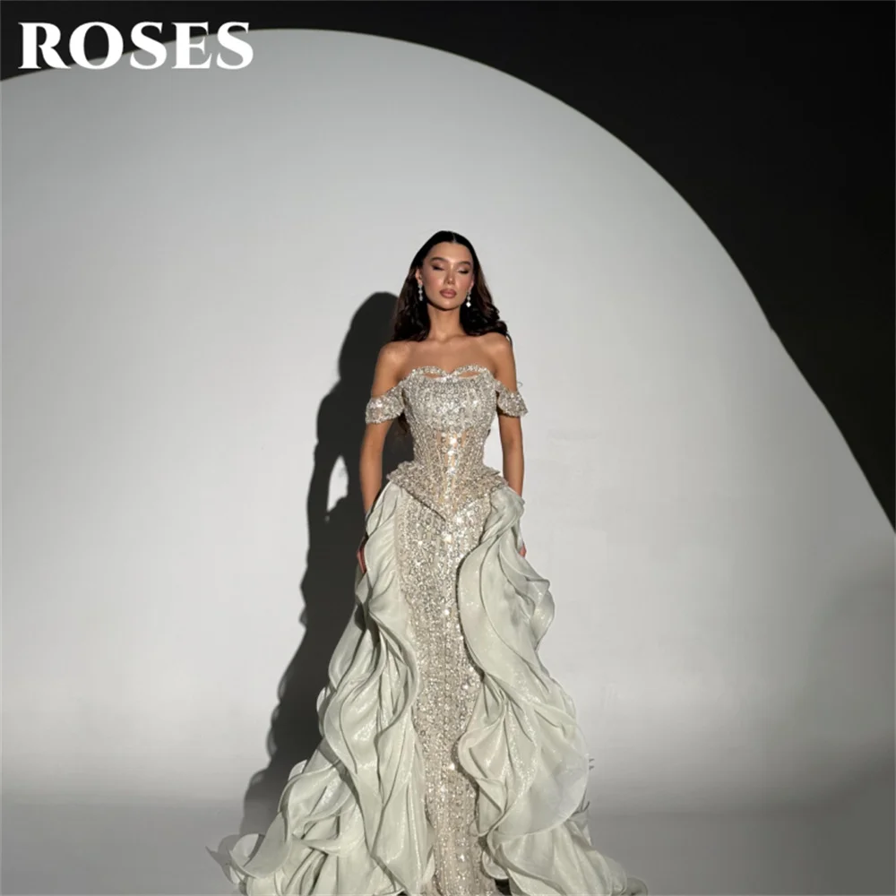 ROSES Elfenbeinfarbenes Partykleid, schulterfreies Abendkleid, Glitzer-Kristall-Abendkleid, gerüschtes Ballkleid für Damen, individuell gestaltet Image