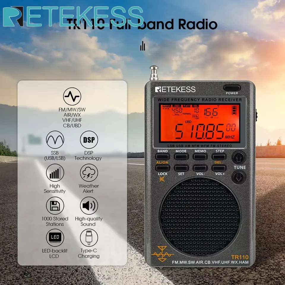 RETEKESS TR110 Vollbandradio SSB Kurzwellenradios AM FM Alle Wellen CB AIR Band Amateurfunk NOAA SW MW LSB VHF UHF für den Außenbereich Image