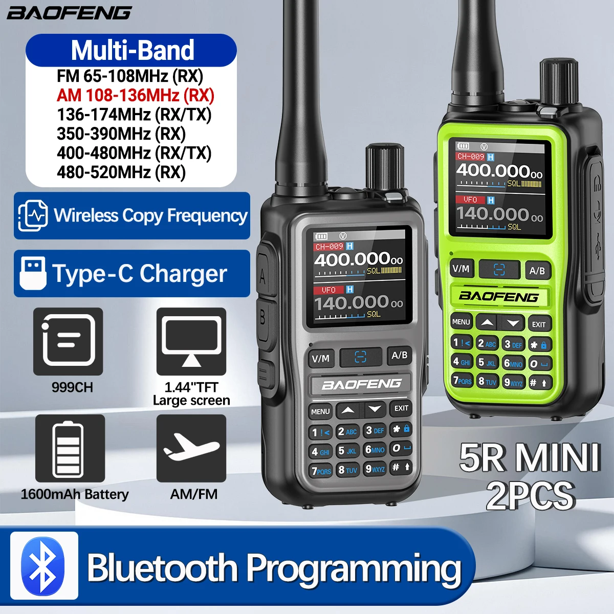 1/2 PCS BAOFENG UV-5R Mini Walkie Talkie Vollband Bluetooth Programmierung Drahtlose Kopierfrequenz 999CH AM FM Typ-C Amateurfunk Image
