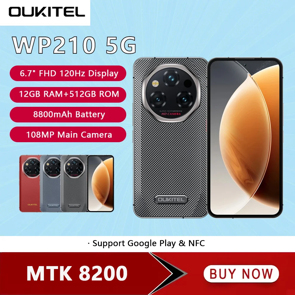 OUKITEL WP210 5G Robustes Telefon MTK 8200 6,7 Zoll FHD+ 12 GB RAM 512 GB ROM Mobiltelefon 8800 mAh 108 MP Android15 45 W Mobiltelefon NFC Image
