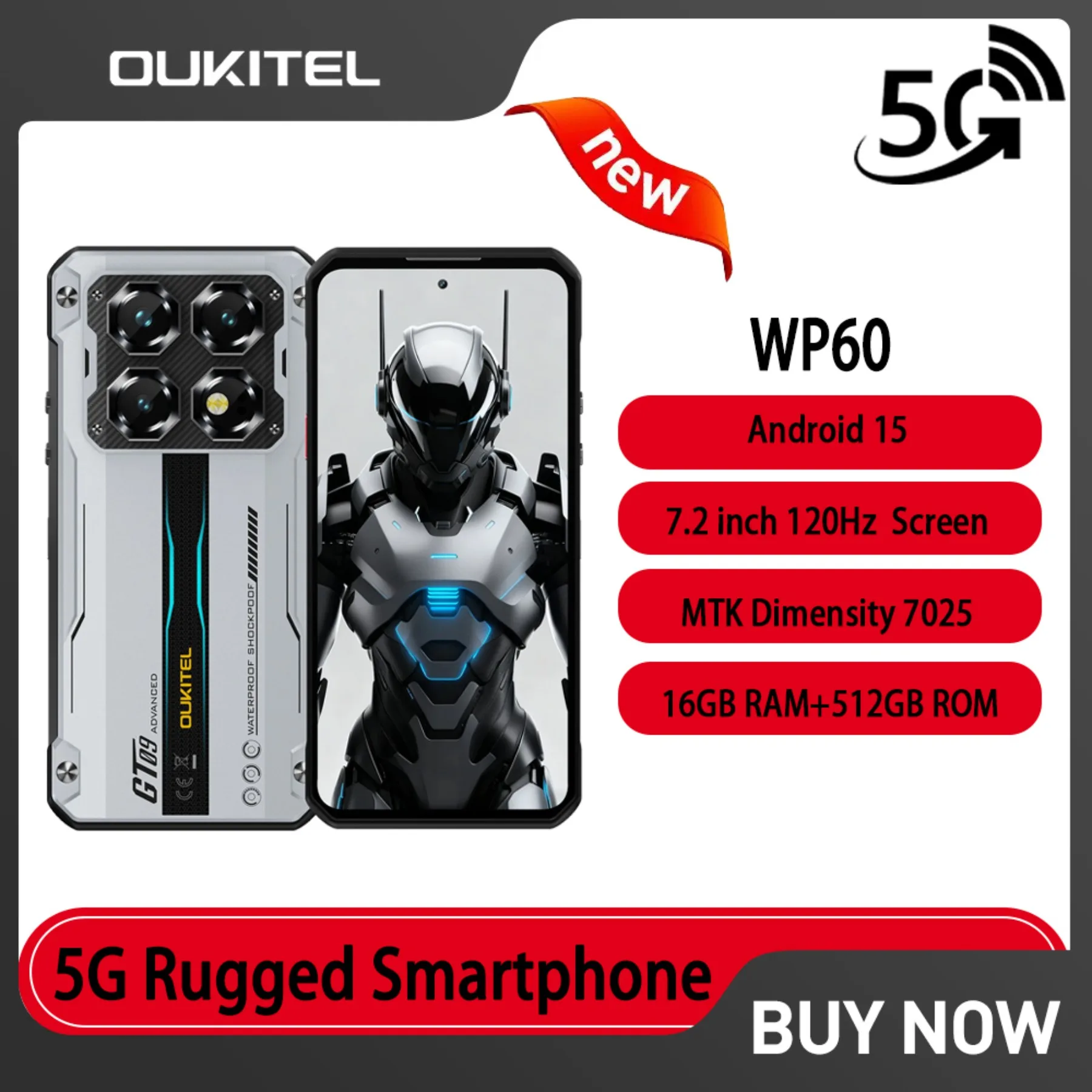 OUKITEL WP60 5G Robustes Smartphone 10000mAh Akku 7,2 Zoll HD+ 120Hz 16GB RAM +512GB ROM 108MP Dimensity 7025 Android 15 NFC Image