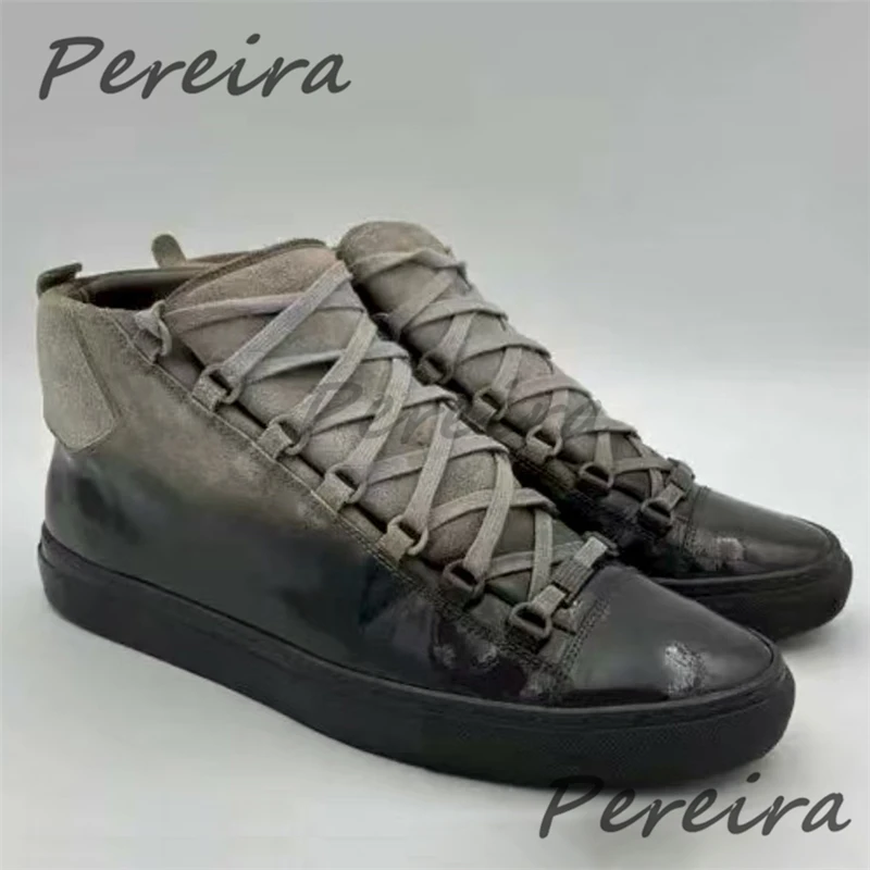 Street Style Herren High-Top Sneakers Mischfarben Echtes Leder Schnür-Sportschuhe Outdoor Trendy Vielseitige Casual Board-Schuhe