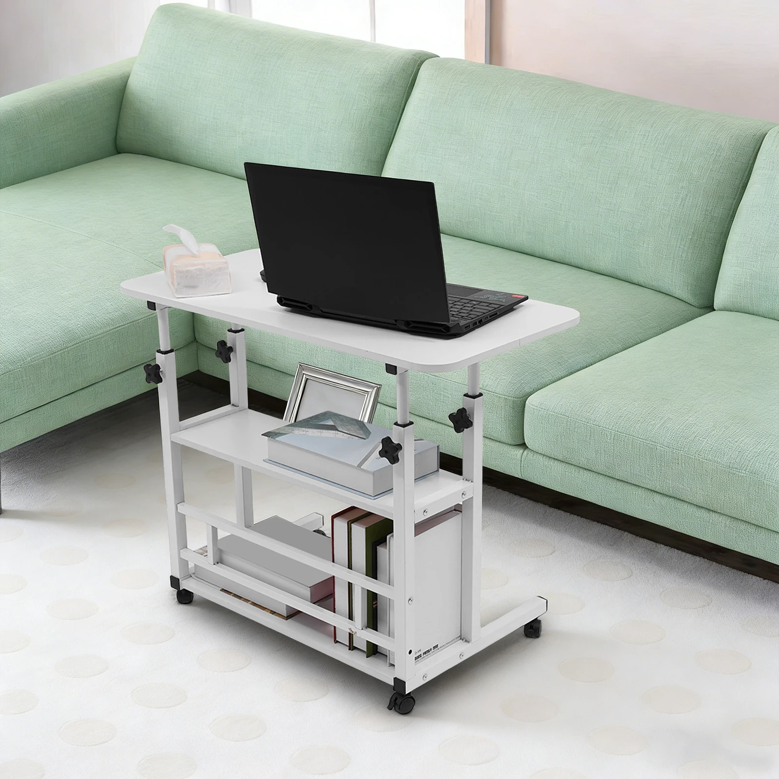 Beistelltisch, 3-stufiger, C-förmiger, strukturierter Laptop-Schreibtisch mit Rollen, höhenverstellbarer Bürotisch für Wohnzimmer, Schlafzimmer
