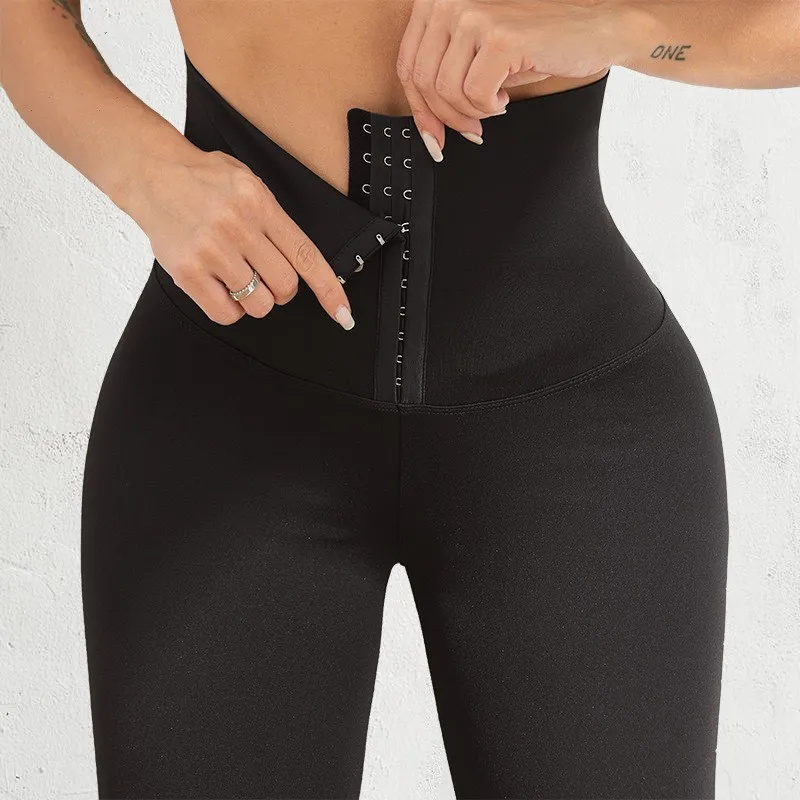 Ultra-hochtaillierte, bauchkontrollierende, vorne geknöpfte Caprihose für Damen, schnelltrocknende, atmungsaktive Yoga-Fitness-Workout-Leggings Image