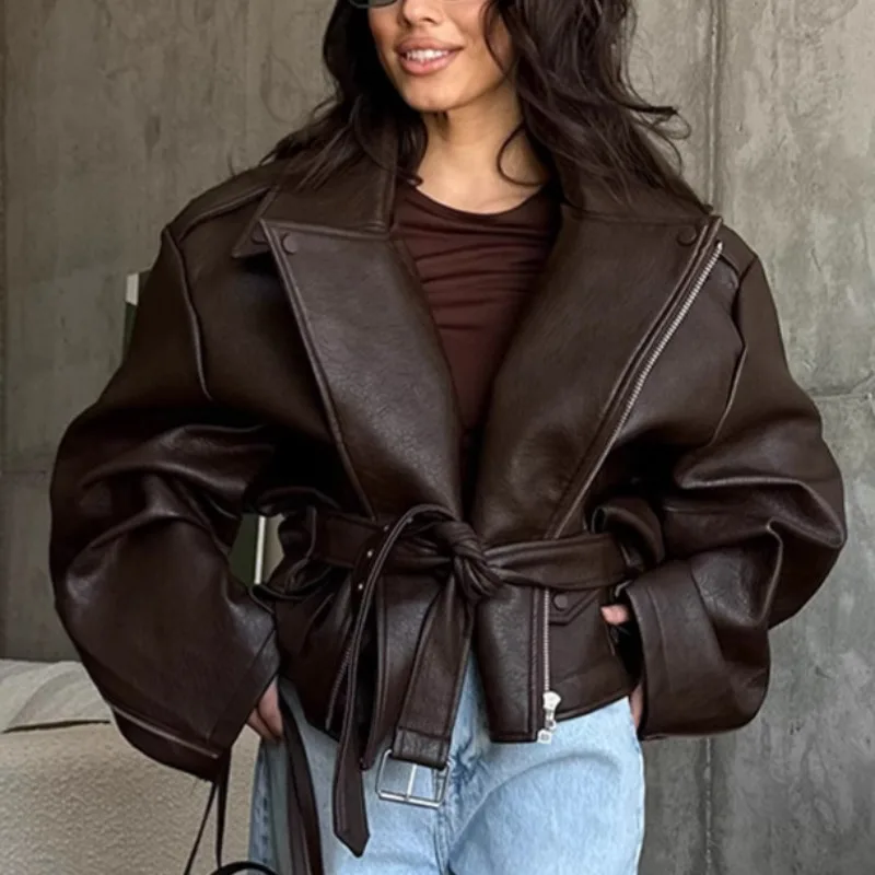 Damen Frühling Sommer Kunstlederjacke mit Gürtel, schick, elegant, retro, minimalistisch, bequem, lässig, modisch, Nischen-Trend, vielseitig
