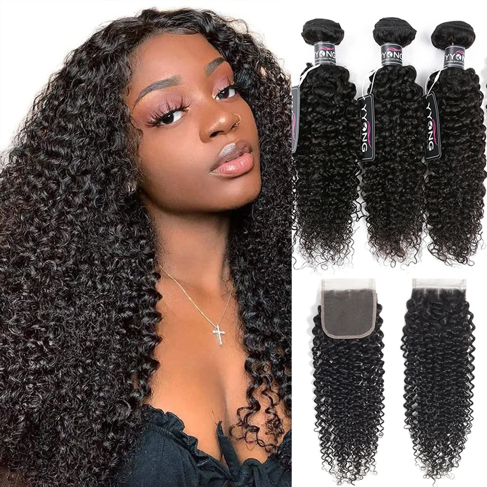 Yyong Haar Brasilianische Verworrene Lockige Bundles Mit Verschluss 3/4 Bundles Menschliches Haar Mit Verschluss Remy Haarwebart Bundles Mit Verschluss Image