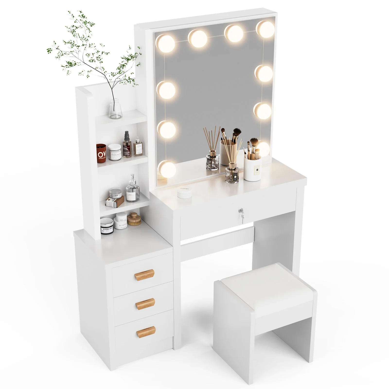 Weiß Schminktisch-Set mit Hocker und Spiegel LED-Beleuchtung Schminktisch, Kosmetiktisch mit 4 Schubladen, Modern Frisiertisch