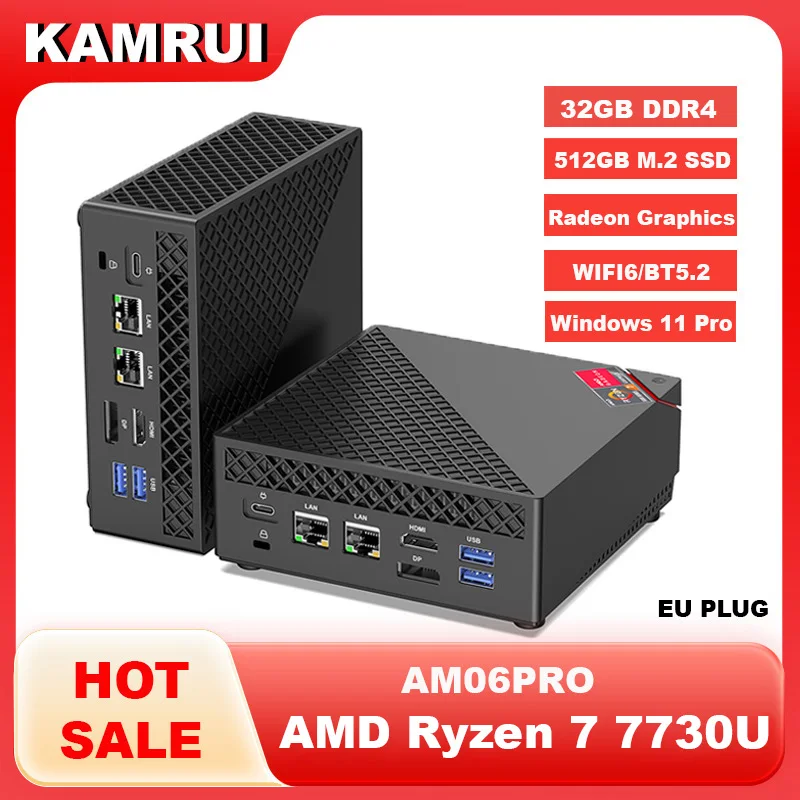 KAMRUI Mini Gaming-PC AMD Ryzen7 7730U 32GB DDR4 3200MHz Dual-Channel 512GB M.2 SSD bis zu 4,5GHz WiFi6 BT5.2 4K Desktop-Computer