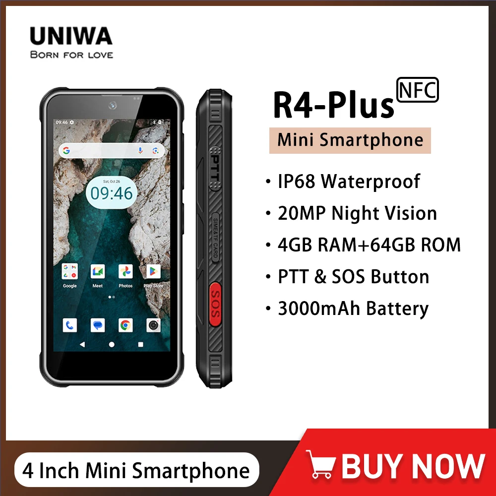 UNIWA R4-Plus Robustes 4G-Mini-Smartphone, 4-Zoll-Touchscreen, Octa-Core, 4 GB RAM + 64 GB ROM, Android 14 Mobiltelefon, 3000 mAh, SOS, NFC Image