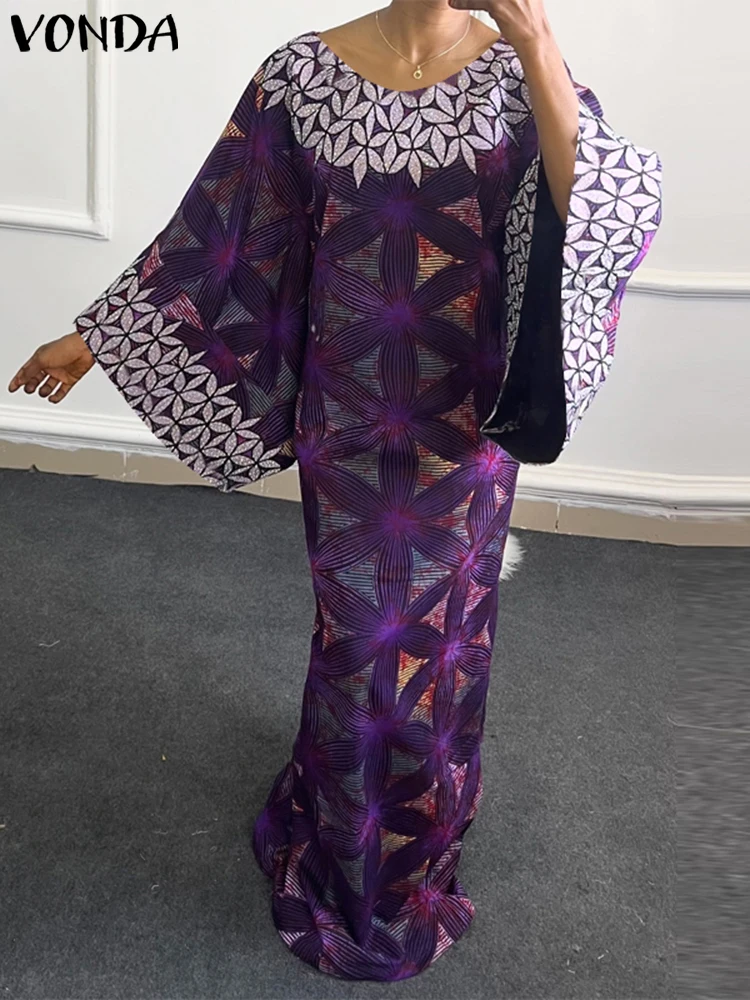 Plus Größe 5XL VONDA Frauen Böhmischen Druck Maxi Kleid 2025, Vintage Sommerkleid Casual 3/4 Hülse Party Robe Lose Oansatz Vestidos