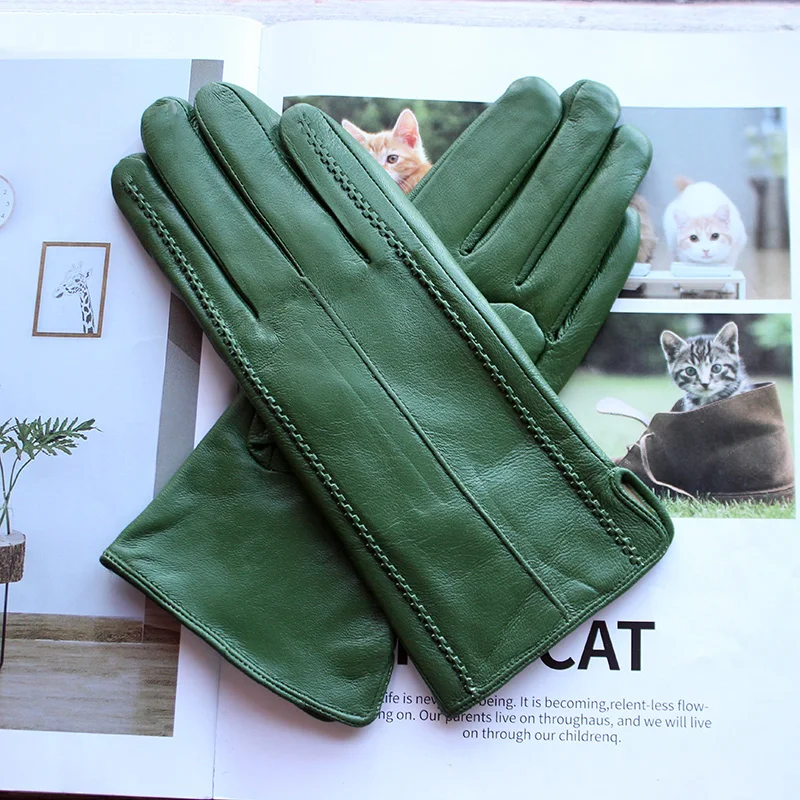 Damen Farbige Lederhandschuhe Modischer Gestreifter Stil mit Samtfutter Warme Herbst-Winter Schafsleder-Fingerhandschuhe Image