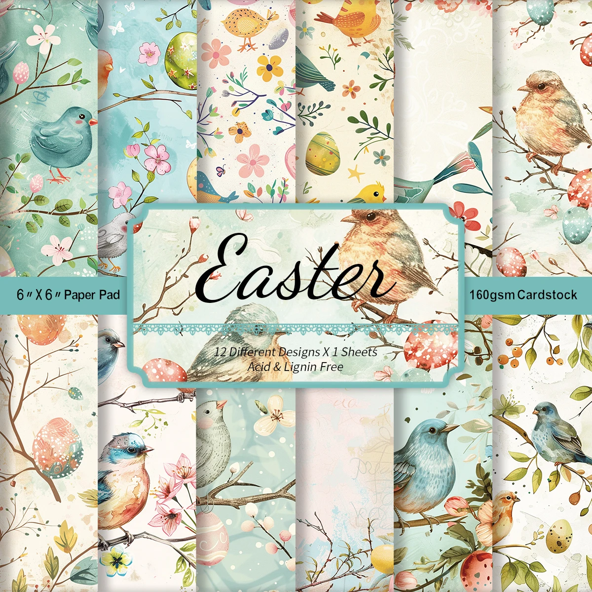 12 Stück Osterküken und Vintage-Blumen-Ei-Scrapbook-Papier, einseitige dekorative Papierunterlage für die Kartenherstellung, Tagebuch, DIY-Projekte Image
