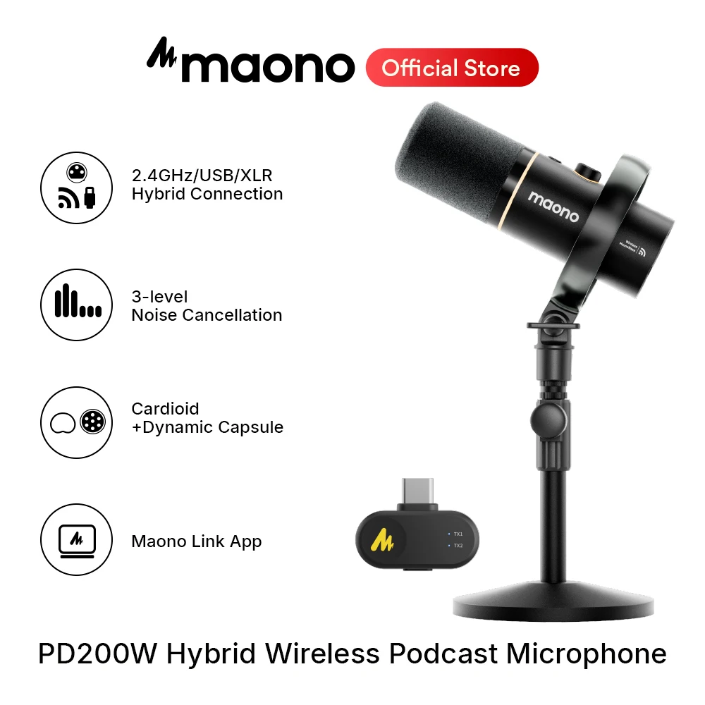 Maono PD200W Hybrid Wireless Podcast-Mikrofon für PC/Telefon/Kamera XLR/USB Dynamisches Mikrofon für Streaming, Aufnahme und Content-Erstellung Image