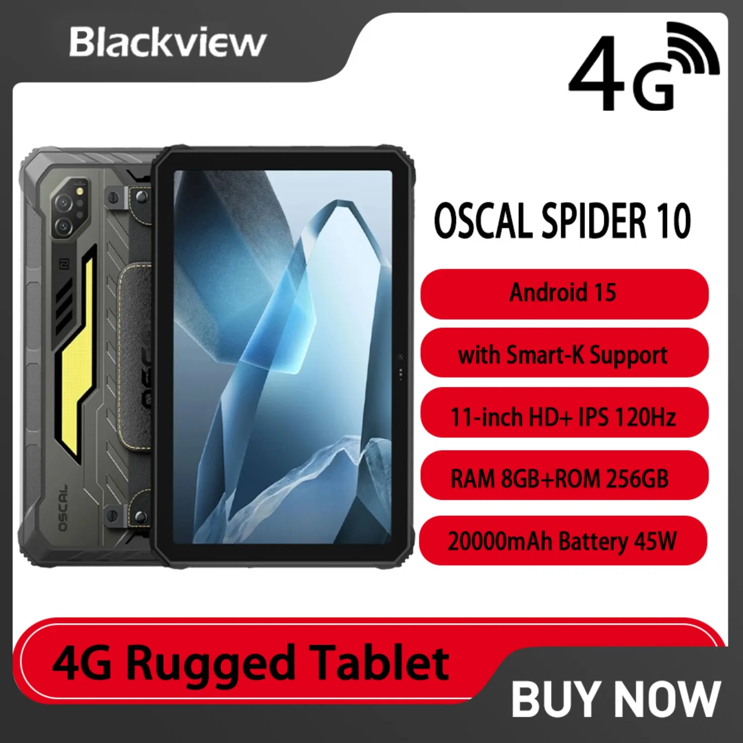 Blackview OSCAL SPIDER 10 Robustes Tablet 11 Zoll HD+ IPS 8 GB 256 GB 20000 mAh 16 MP Rückfahrkamera Android 15 GPS GLONASS BeiDou Galileo Image