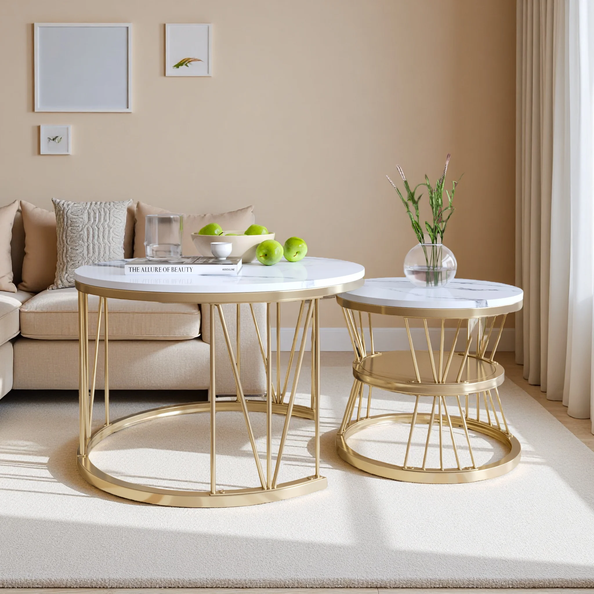 Rosahqnda Couchtisch 2er-Set, runder Marmor-Sofatisch, Tischset, Metallrahmen, Wohnzimmer, Balkon, Büro, Beistelltisch, Gold/Schwarz