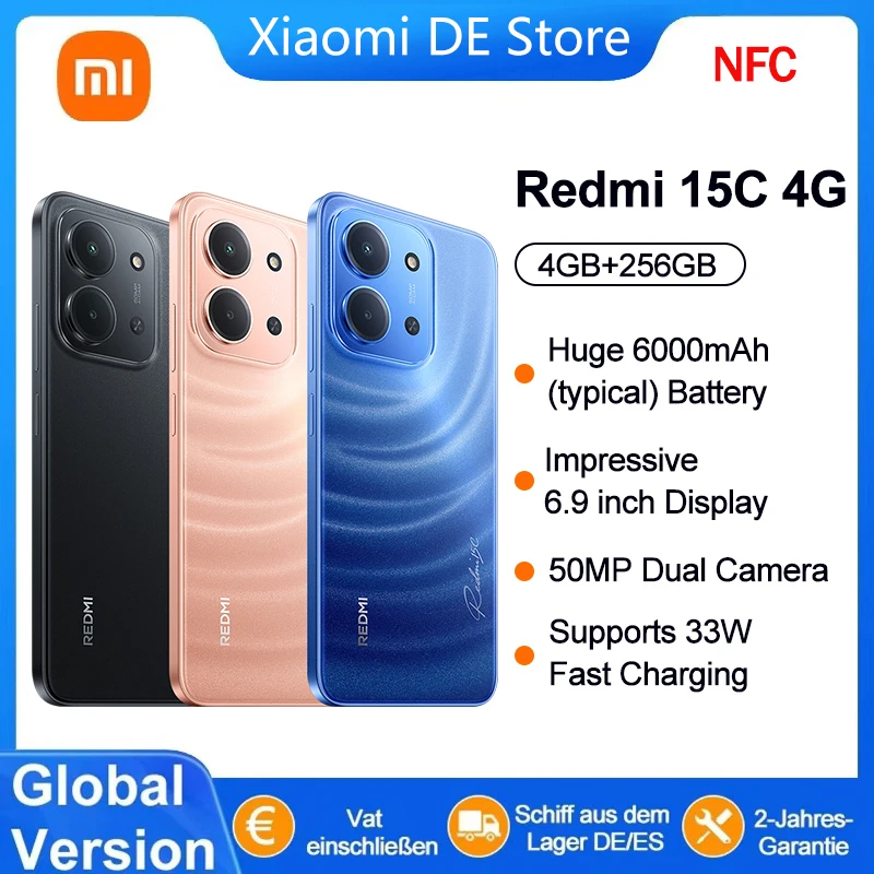 Global Version Redmi 15C 4G NFC Mobile Phone 50MP AI Dual Camera 6000mAh 33W Fast Charging Cellphone Smartphone 4G+256GB Image