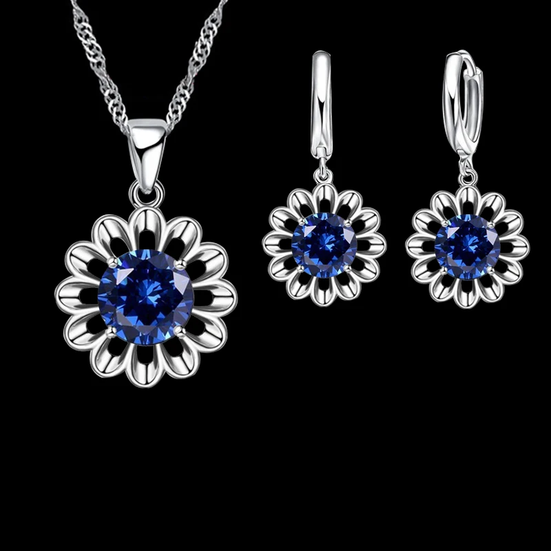Neue Mode Hochzeit Schmuck Set Frauen Top Qualität 925 Sterling Silber Farbe Kristall Anhänger Halskette Hoop Ohrring Große Förderung