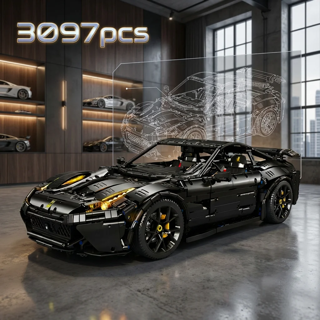 Klemmbausteine 3097PCS Technik Auto Luxus Auto Bausteine Set, MOC Speed Black Supercar Sport Fahrzeug Modell Kit Spielzeug Jungen Erwachsene Geschenk Image