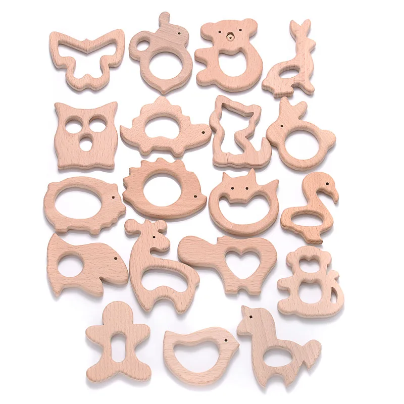 3/4/5 Teile/los Baby Holz Beißring Natürliche Buche Holz Tier Cartoon Affe Schmetterling Form Tiny Stange Zahnen für Schnuller Kette Image