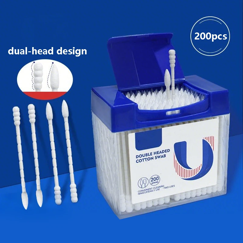 200 teile/schachtel Baumwolle Tupfer Spirale und Spitzen Dual-kopf Design Nase Ohren Reinigung Unterstützt Lippen Augen Make-Up Einweg Baumwolle tupfer Image