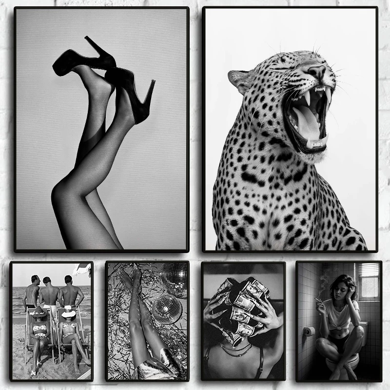 Stilvolle Mode Schwarz und Weiß Poster Sexy Weibliche Leopard Vintage Leinwand Malerei Luxus Wand Kunst Wohnzimmer Wohnkultur Wandbild