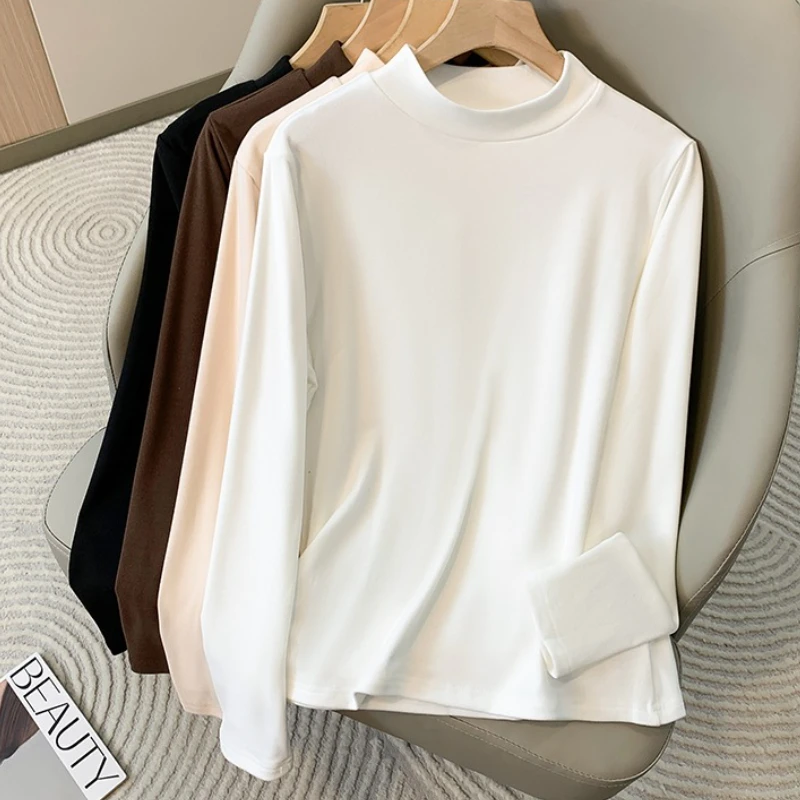 Plus Größe frauen Schlank Rollkragen Samt Basis T-Shirt Herbst Winter Koreanischen Stil Einfache Basis Schicht Tops Casual Übergroßen T-shirts Image