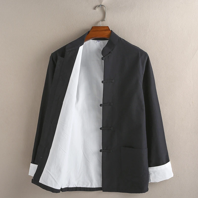 Chinesischen Stil Baumwolle herren Tang-anzug Lange-Ärmeln Jacke Plus Größe männer Shirt Hanfu Vintage Stehkragen kung Fu Bluse Mantel