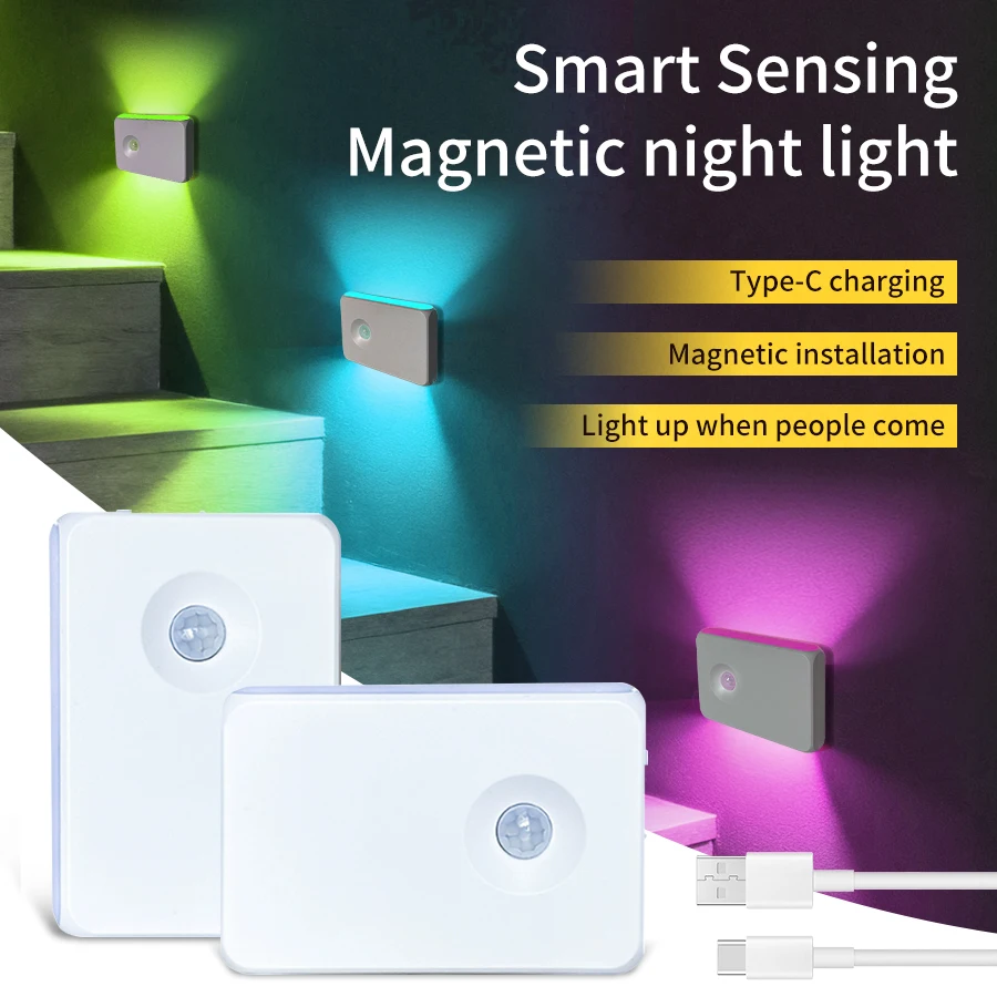 LED-Nachtlicht mit Bewegungsmelder, Typ C, wiederaufladbar, RGB-Schrankleuchte, kabellose magnetische Wandleuchte für Zimmer, Flure, Treppen, Küche