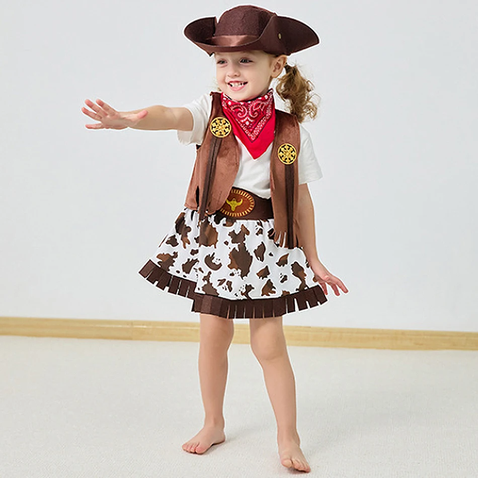Kinder Cowgirl Cosplay Weste Rock Hut Set Mädchen Festival Auftrittsoutfit Kinder Karneval Weihnachten Halloween Party Maskerade Kleidung Image