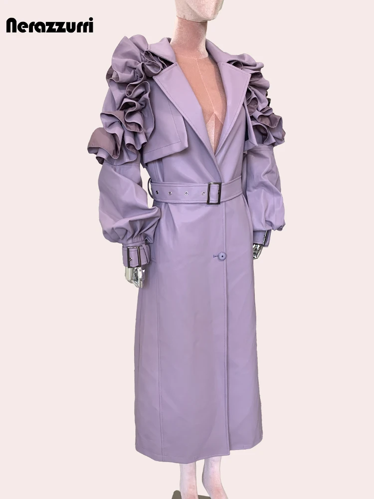 Nerazzurri Herbst lange gekräuselte lila Pu Leder Trenchcoat für Frauen Gürtel elegante schicke stilvolle Luxus Designer Kleidung
