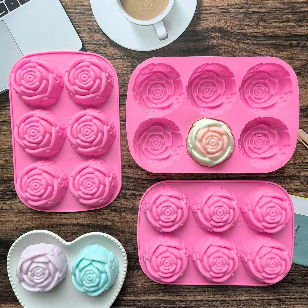 6-Loch Blume Rose handgemachte Seife Kerze Form Silikon Kuchen Form Backformen Backform Pan Muffin Form Rose Eiswürfel Image