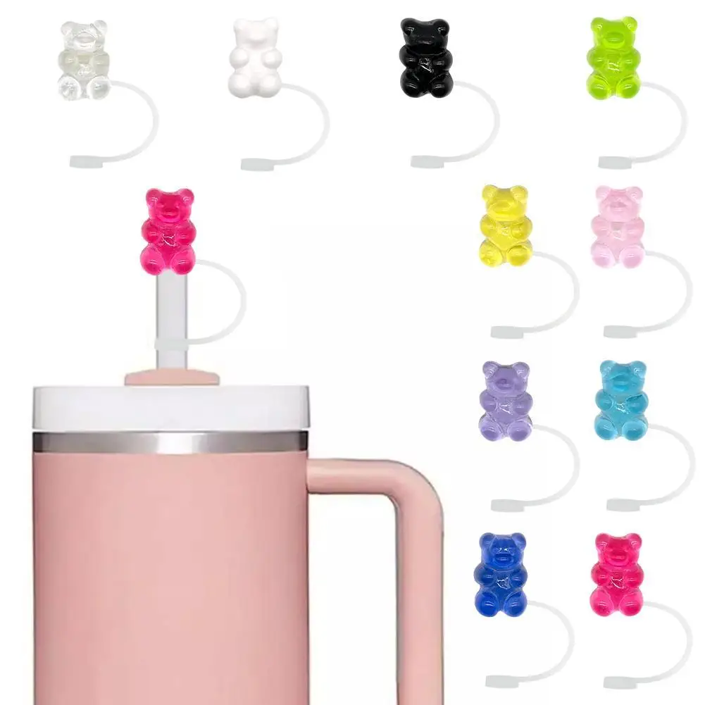 1/10PCS Nette Rosa Bär Stroh Abdeckung Für 30 & 40 Unzen Tassen, 8mm Staubdicht Stroh Topper Zubehör für Mädchen, Spritzwassergeschützte Stroh Kappe Char Image