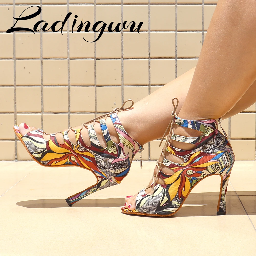 Kreative Graffiti Denim Tanzstiefel Weiche Unterseite Tanzschuhe Reißverschluss Damen Sandalen Latin Salsa Tanzschuhe Blau/Rot/Gelb Image