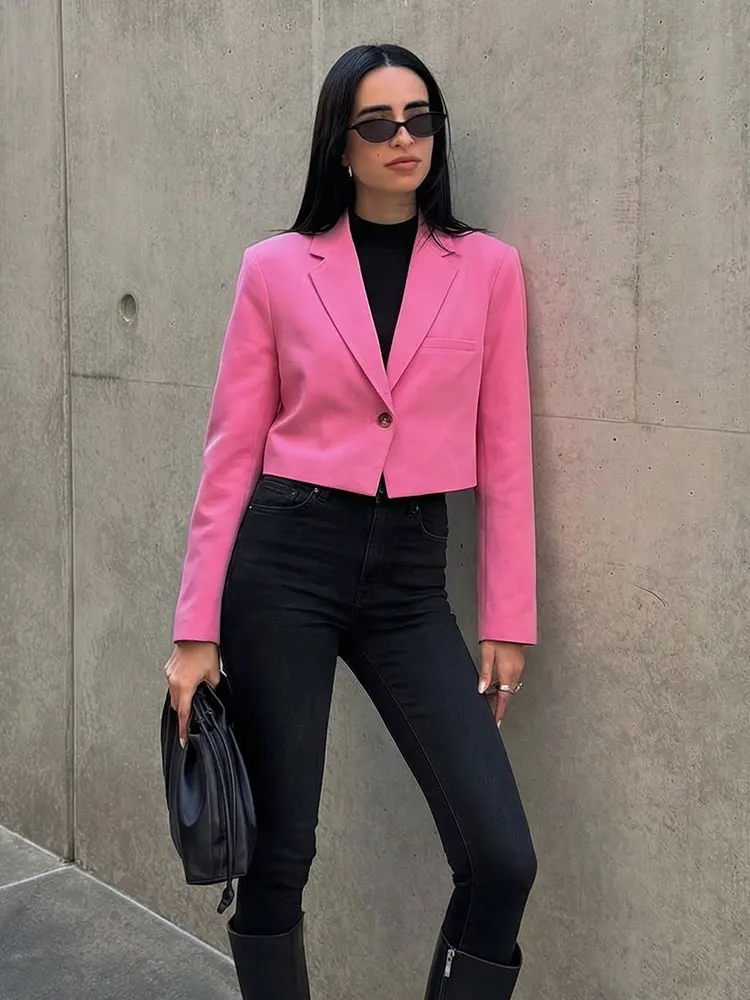 HH Frauen Elegante Mode Rosa Kurzen Blazer Mantel Dünne Lange Hülse Single Button Jacke Weibliche Casual Büro Dame Chic Anzug Tops