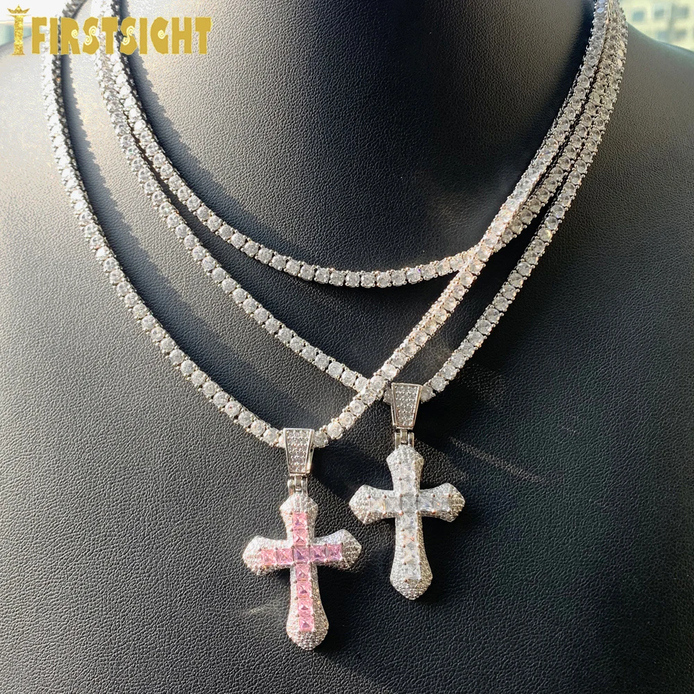 Neue Iced Out Bling Kreuz Anhänger Halskette Silber Farbe Rechteck CZ Zirkonia Blau Rosa Charme Hip Hop Männer Schmuck