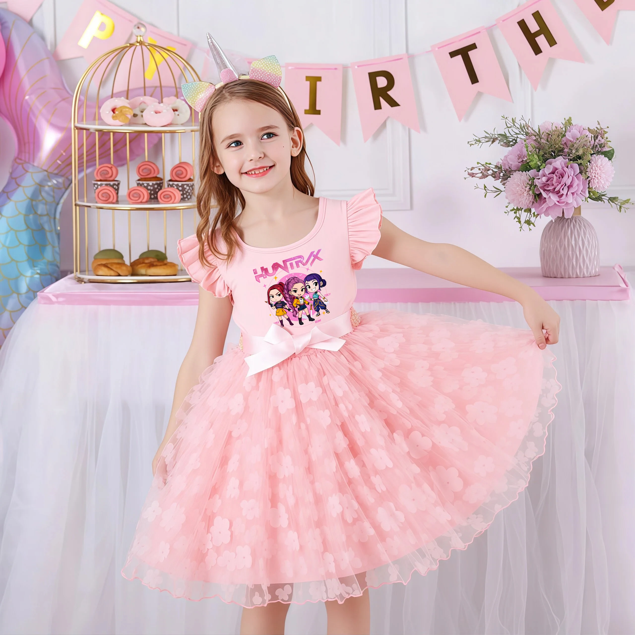 K-Pop Hunters Zoey Mira Rumi Sommerkleid für Mädchen 2-6 Jahre Schleife Tüll Schmetterling Kinder Prinzessinnenkleid Elegantes Hochzeitspartykleid
