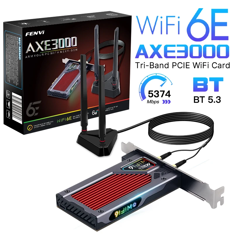 Fenvi FV-AXE3000 Wi-Fi 6E AX210 Bluetooth 5.3 Kabelloser 5374Mbps 2,4G/5GHz/6G WiFi 802.11AX/AC PCIExpress Netzwerkkartenadapter PC Image