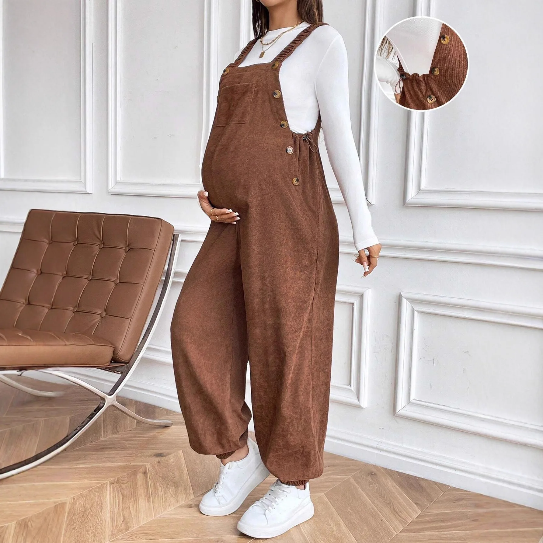 Umstands-Overall aus Cord für Schwangere, einfarbig, mit verstellbarem Bund, lockerer Jumpsuit, Frühling-Herbst Freizeitkleidung für die Schwangerschaft Image