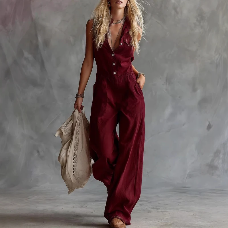 Ärmelloser Freizeit-Jumpsuit für Damen, modischer Playsuit mit Knöpfen und Taschen, weites Bein, 2026 Neu, Sommer, schlicht, einfarbig Image