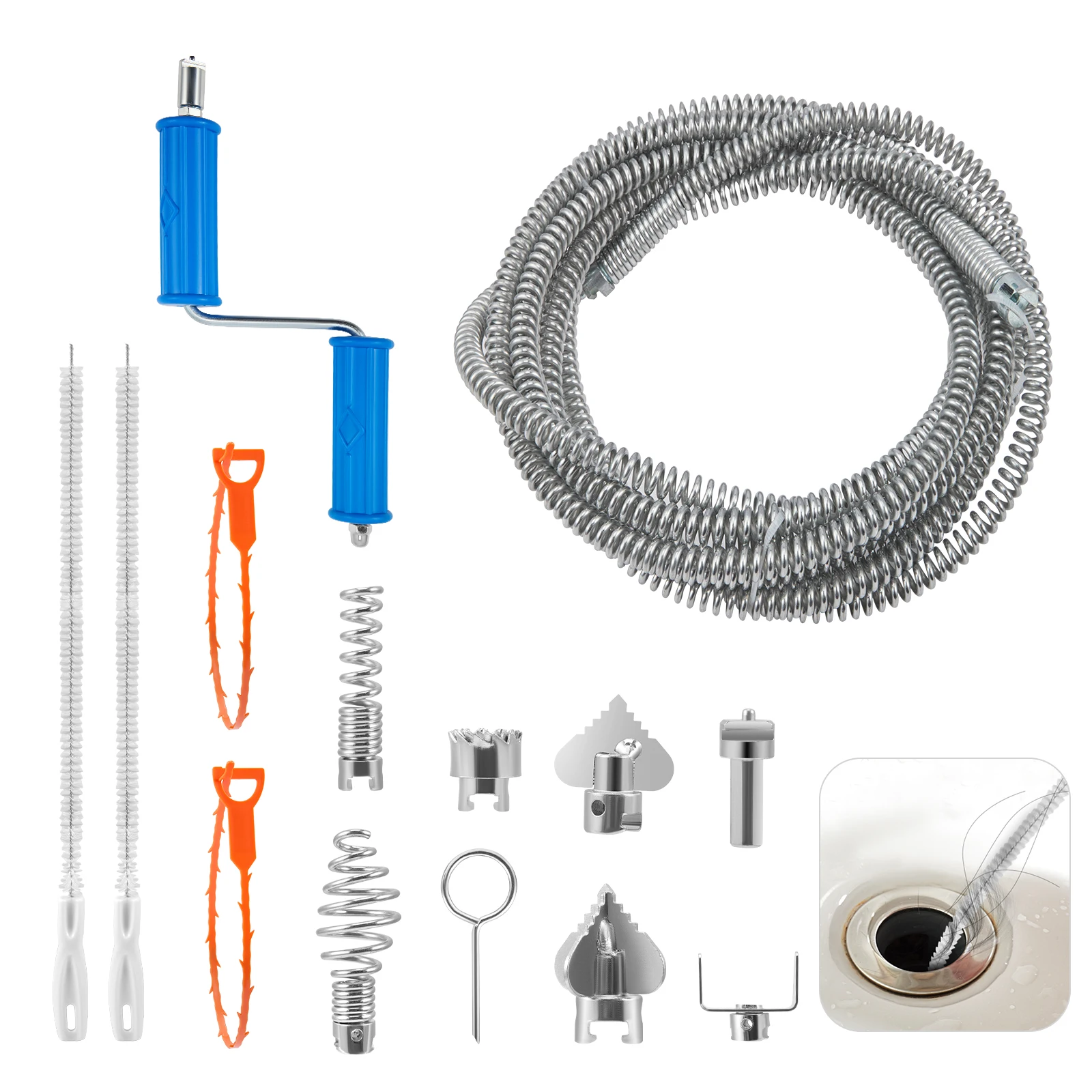 Abflussschlange-Entsperrungswerkzeug, 5 m, 12 mm Spiraldurchmesser, mit 6 Abflussreiniger-Schneidköpfen, 4 Waschbecken-Reinigungshaken und 1 manueller Adapter Image