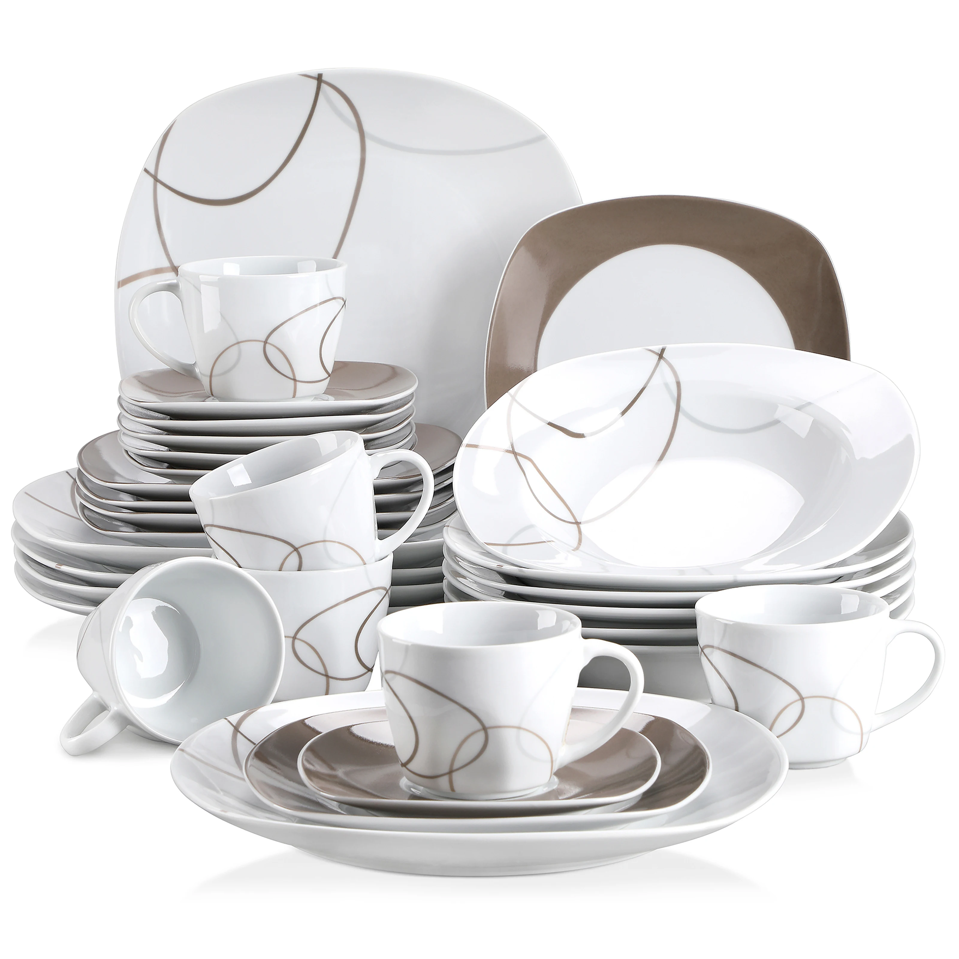 VEWEET 30-teiliges Teller-Set aus Porzellan-Keramik für die Küche mit 6 Desserttellern/Suppentellern/Essteller/Tassen/Tauchern Image